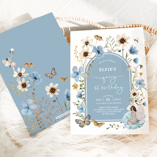Invitación Blue Wildflower Fairy First Birthday Fiesta (Subido por el creador)