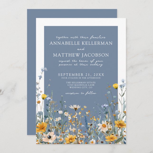 Invitación Blue Wildflower Floral Wedding (Anverso / Reverso)