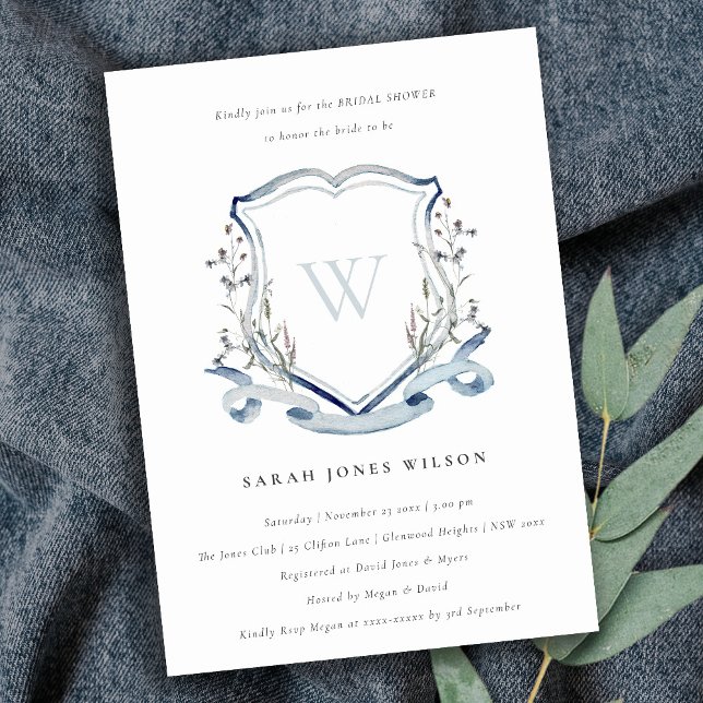 Invitación Blue Wildflower Monograma Escudo Bridal Shower (Subido por el creador)