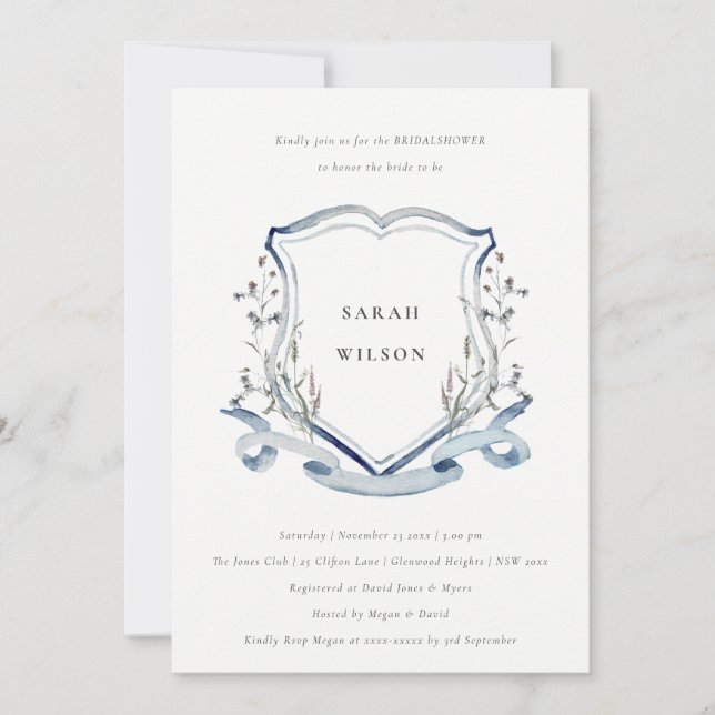 Invitación Blue Wildflower Watercolor Escudo Bridal Shower (Anverso)