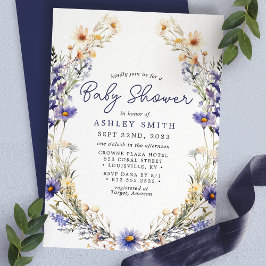Invitación Blue Wildflower Wreath Watercolor Baby Shower