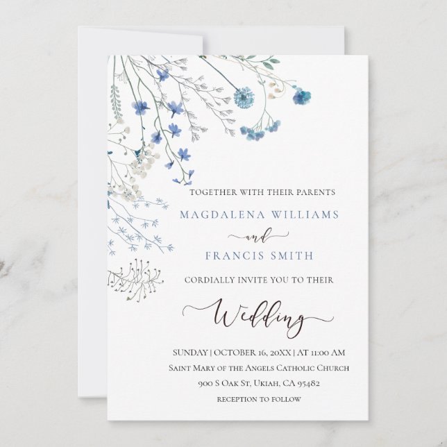 Invitación blue wildflowers wedding invitation (Anverso)