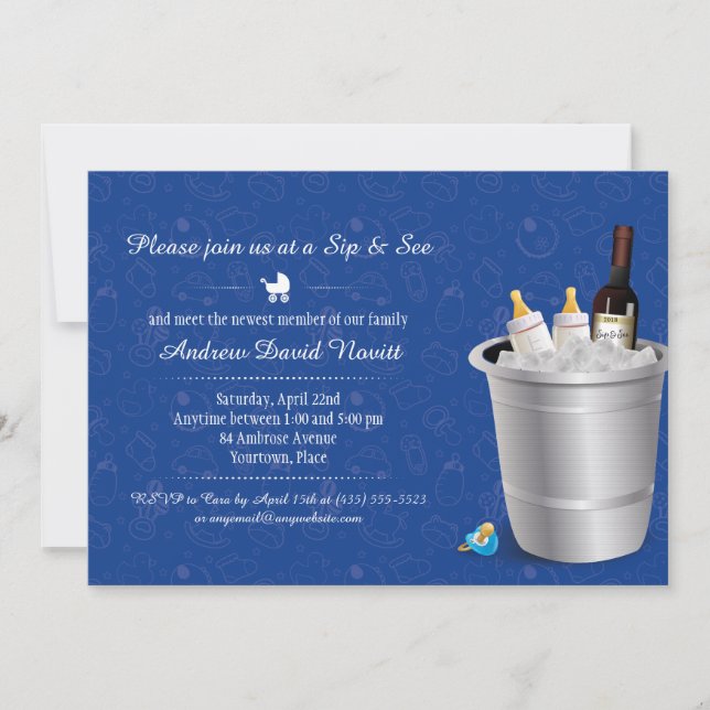 Invitación Blue Wine and Baby Bottps Sip and See Baby Shower (Anverso)