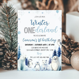 Invitación Blue Winter Animals Onederland 1er cumpleaños