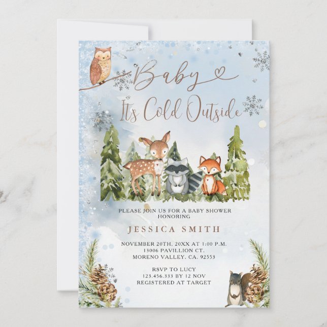 Invitación Blue Winter Animals Woodland Boy Baby Shower (Anverso)