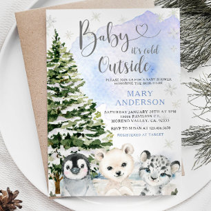 Invitación Blue Winter Arctic Animals Pine Tree Baby Shower