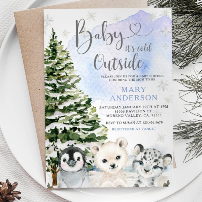 Invitación Blue Winter Arctic Animals Pine Tree Baby Shower (Subido por el creador)