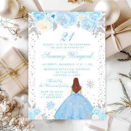 Invitación Blue Winter Brown Hair Princess Birthday Party
