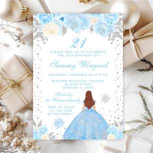 Invitación Blue Winter Brown Hair Princess Birthday Party