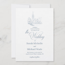 Invitación Blue Winter Church Calligraphy Wedding Invitation