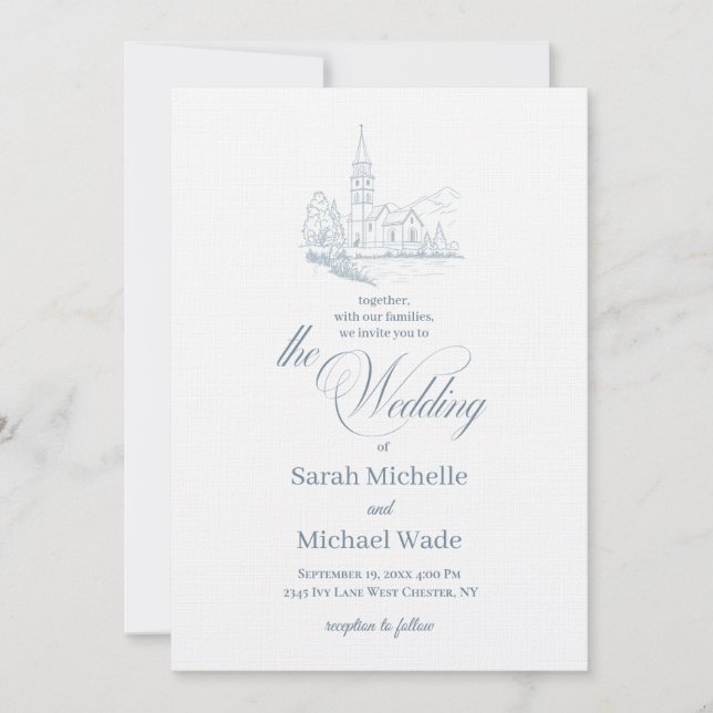 Invitación Blue Winter Church Calligraphy Wedding Invitation (Anverso)