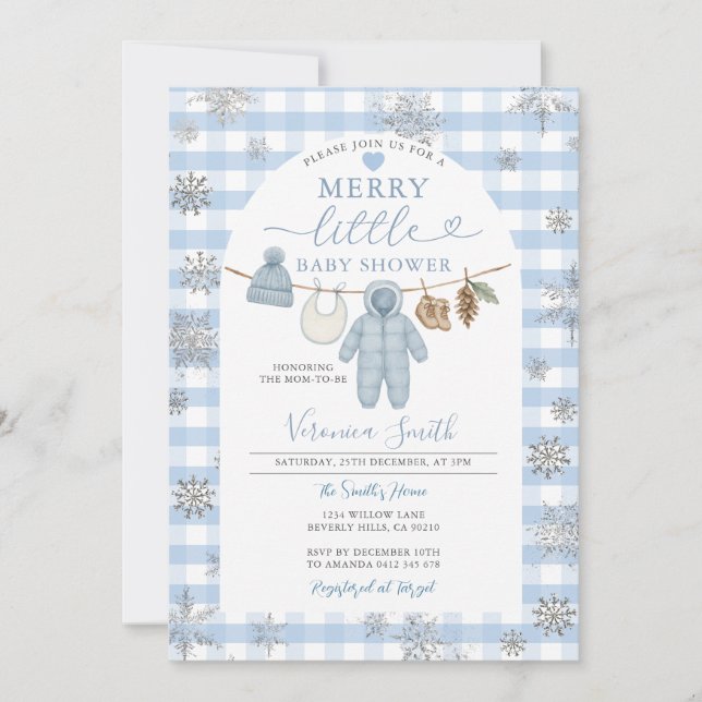 Invitación Blue Winter Clothesline Merry Little Baby Shower (Anverso)