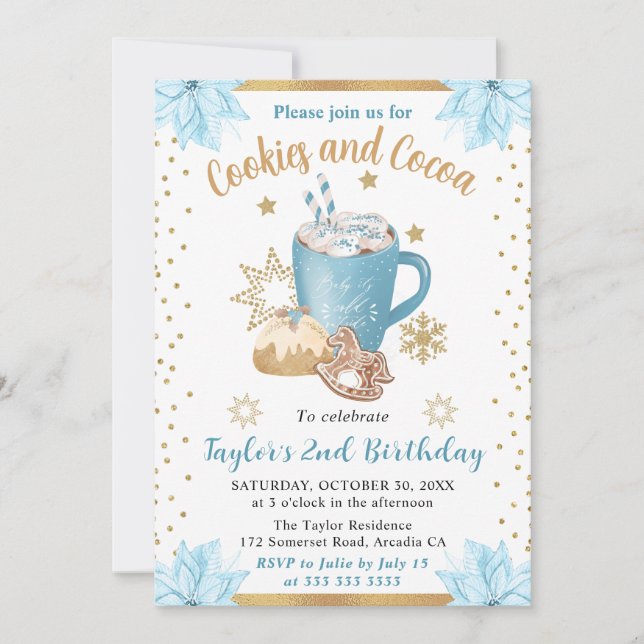 Invitación Blue Winter Cookies & Cocoa Birthday (Anverso)