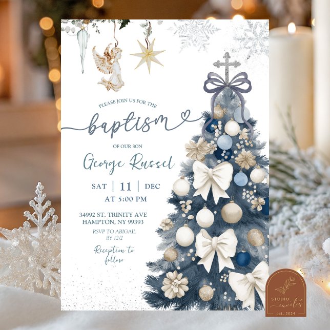 Invitación Blue Winter Coquette Bow Christmas Baptism (Subido por el creador)