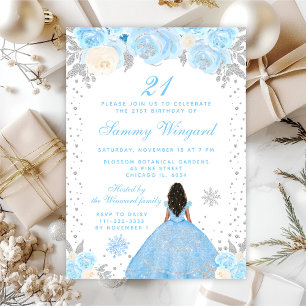 Invitación Blue Winter Dark Skin Princess Birthday Party