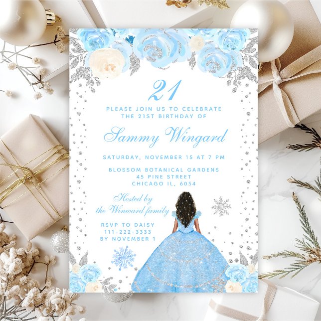 Invitación Blue Winter Dark Skin Princess Birthday Party (Subido por el creador)