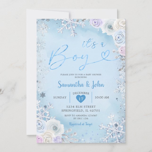 Invitación Blue Winter Floral Snowflake Boy Baby Shower (Anverso)
