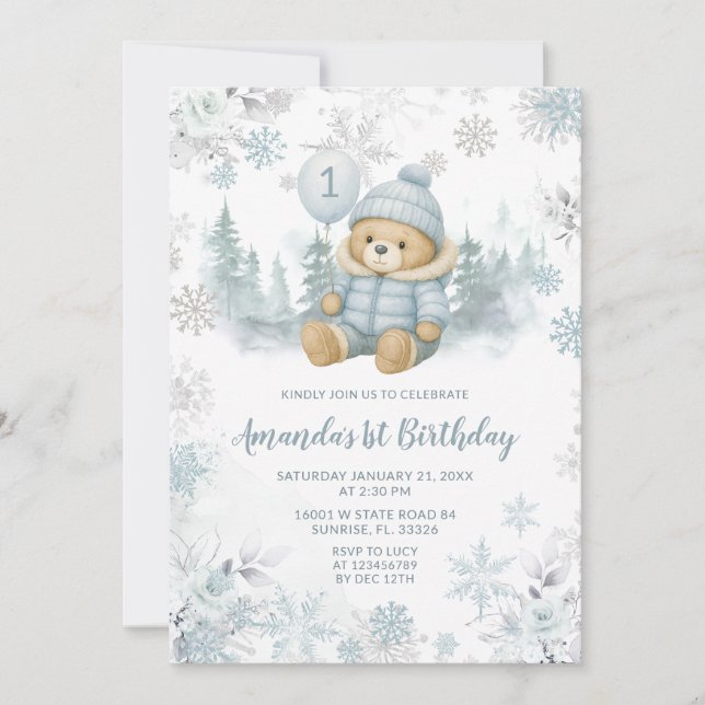 Invitación Blue Winter Forest Bear Balloon First Birthday (Anverso)