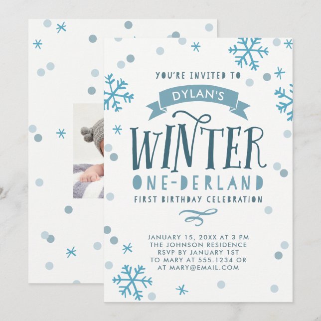 Invitación Blue Winter Onederland Primera fiesta de cumpleaño (Anverso / Reverso)