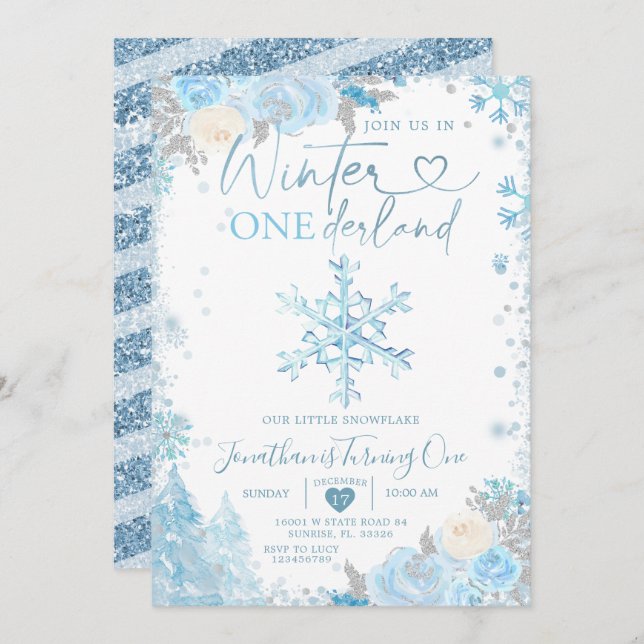 Invitación Blue Winter Onederland Snowflake Primer cumpleaños (Anverso / Reverso)