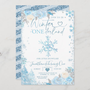 Invitación Blue Winter Onederland Snowflake Primer cumpleaños