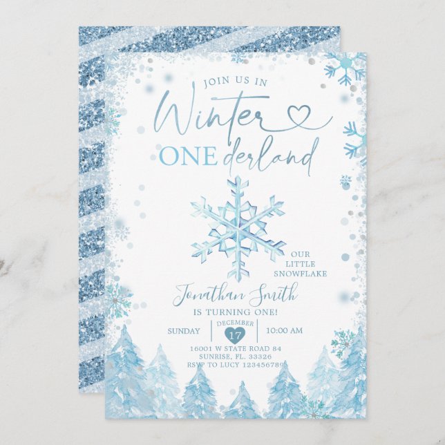 Invitación Blue Winter Onederland Snowflake Primer cumpleaños (Anverso / Reverso)