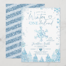 Invitación Blue Winter Onederland Snowflake Primer cumpleaños
