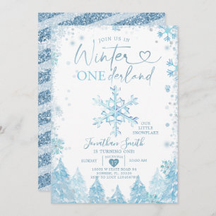 Invitación Blue Winter Onederland Snowflake Primer cumpleaños