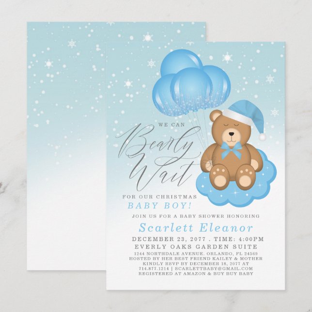Invitación Blue Winter Sleepy Bear Balloons Boy Baby Shower (Anverso / Reverso)
