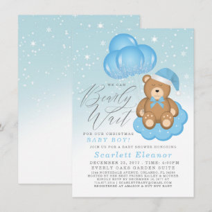 Invitación Blue Winter Sleepy Bear Balloons Boy Baby Shower