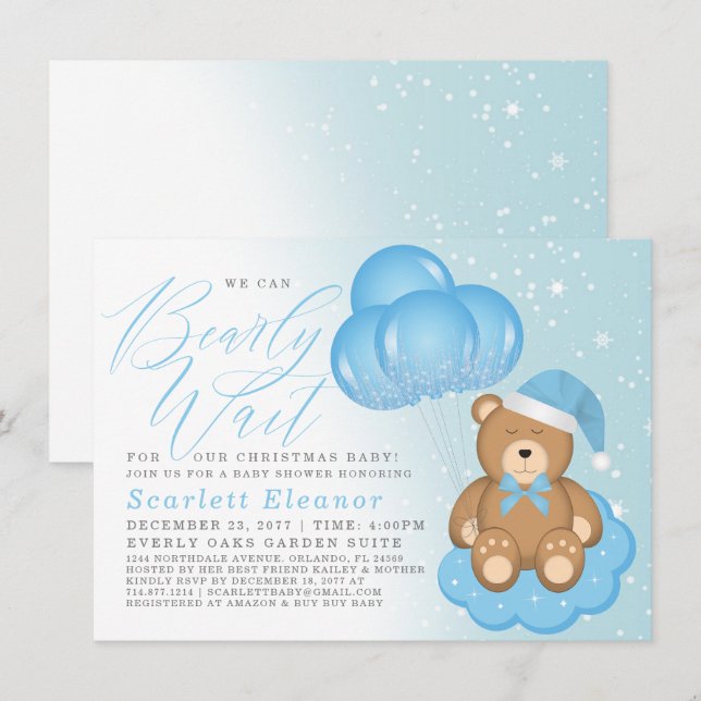 Invitación Blue Winter Sleepy Bear Balloons Boy Baby Shower (Anverso / Reverso)