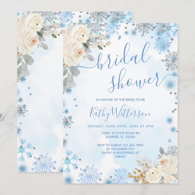 Invitación Blue Winter Snowflake Floral Bridal Shower (Anverso / Reverso)