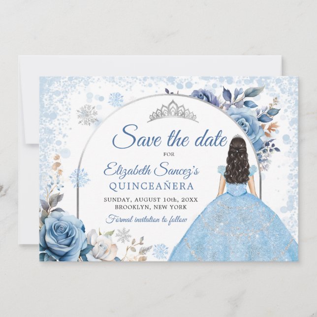 Invitación Blue Winter Snowflake Mis Quince Save The Date (Anverso)