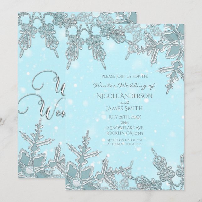 Invitación Blue Winter Wonderland Elegant Snowflakes Boda (Anverso / Reverso)