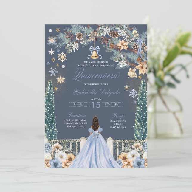 Invitación Blue Winter Wonderland Snowflake Quinceanera (Anverso de pie)