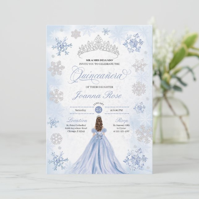 Invitación Blue Winter Wonderland Snowflake Quinceanera (Anverso de pie)