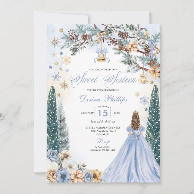 Invitación Blue Winter Wonderland Snowflake Sweet 16 (Anverso)