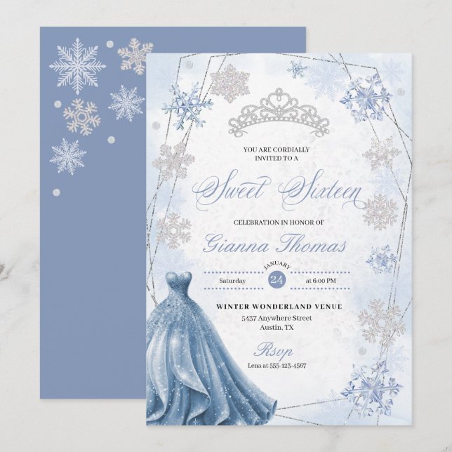 Invitación Blue Winter Wonderland Snowflake Sweet 16 (Anverso / Reverso)