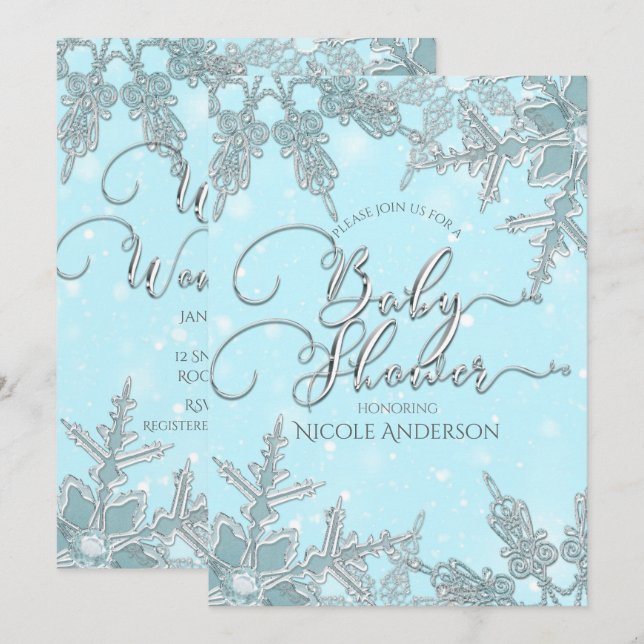 Invitación Blue Winter Wonderland Snowflakes Baby Shower (Anverso / Reverso)