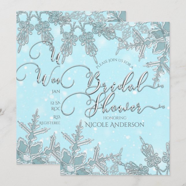 Invitación Blue Winter Wonderland Snowflakes Bridal Shower (Anverso / Reverso)
