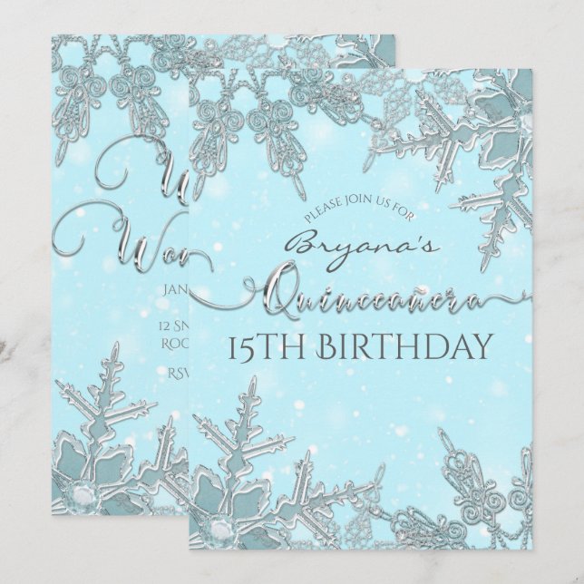 Invitación Blue Winter Wonderland Snowflakes Quiceañera (Anverso / Reverso)