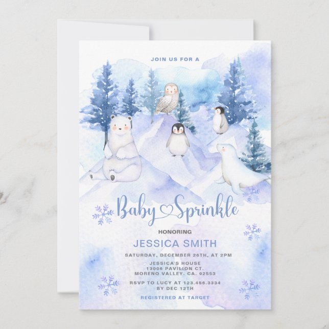 Invitación Blue Winter Woodland Arctic Animals Baby Sprinkle (Anverso)
