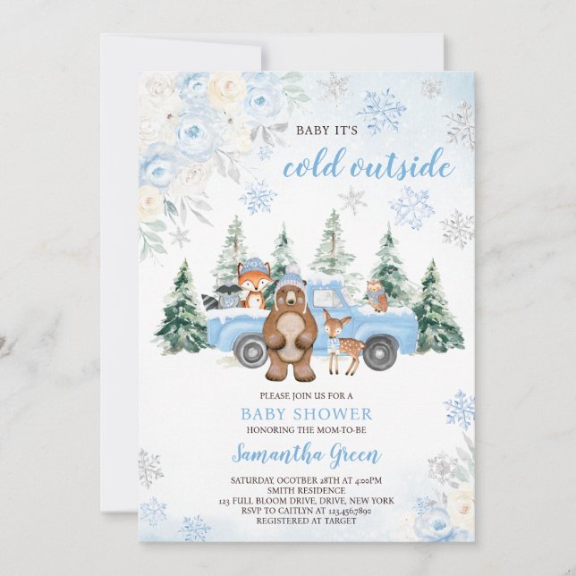 Invitación Blue Winter Woodland Baby Shower (Anverso)