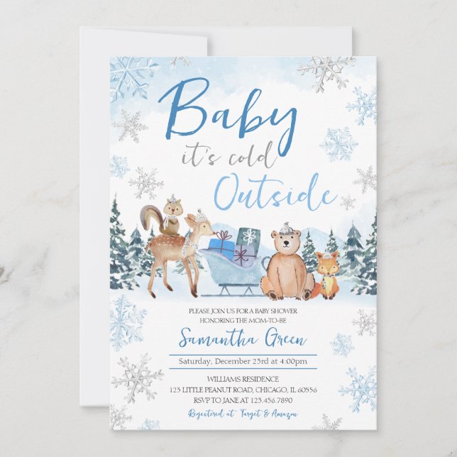 Invitación Blue Winter Woodland Baby Shower (Anverso)