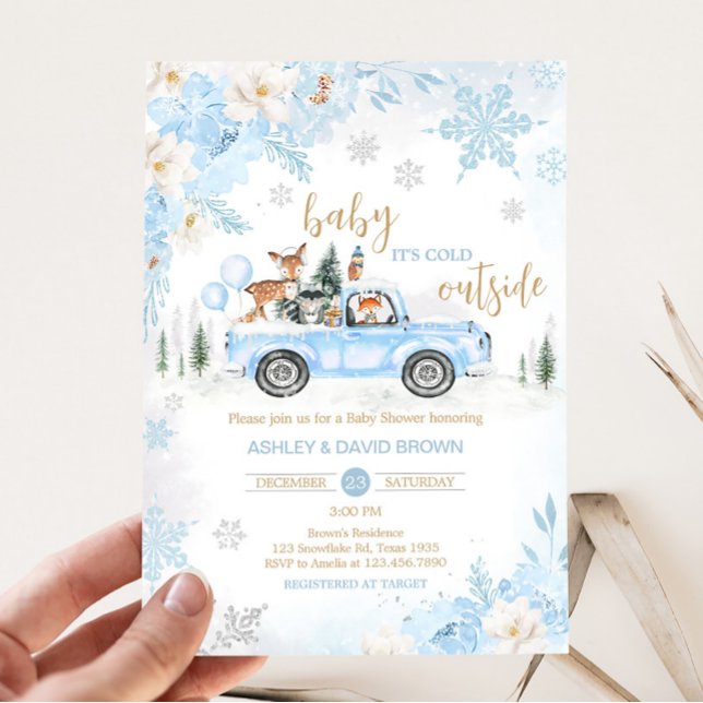 Invitación Blue Winter Woodland Truck Baby Shower (Blue Baby It's Cold Outside Baby Shower Invitation)