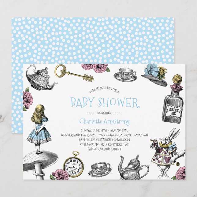 Invitación Blue Wonderland Baby Shower con puntos polka (Anverso / Reverso)