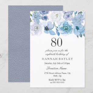 Invitación Blue Wonderland Gray Flower 80th Birthday Invite