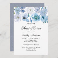 Blue Wonderland Gray Flower Sweet 16 Invitado