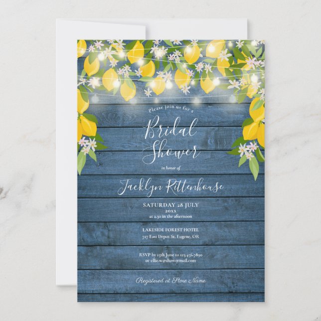 Invitación Blue Wood String ilumina Lemons Bridal Shower (Anverso)