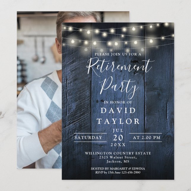 Invitación Blue Wood String Lights Retirement Fiesta Photo (Anverso / Reverso)
